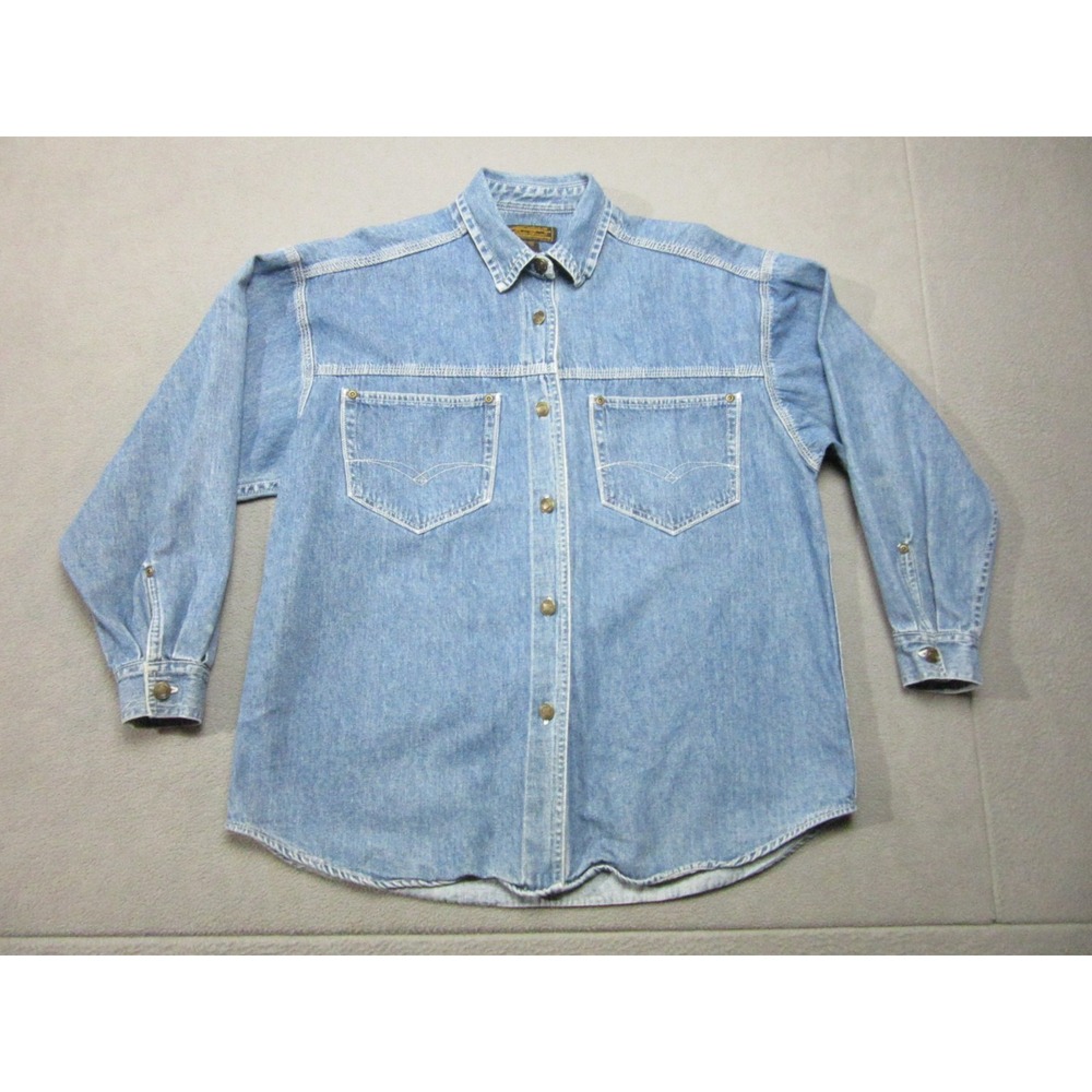 Vintage Eddie Bauer Shirt Womens Medium Blue Western Snap Denim Cowgirl Country